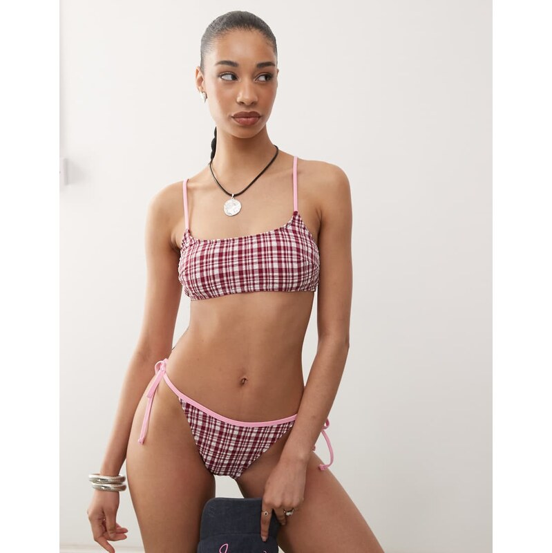 Reclaimed Vintage bralette bikini top in pink seersucker gingham 105324802