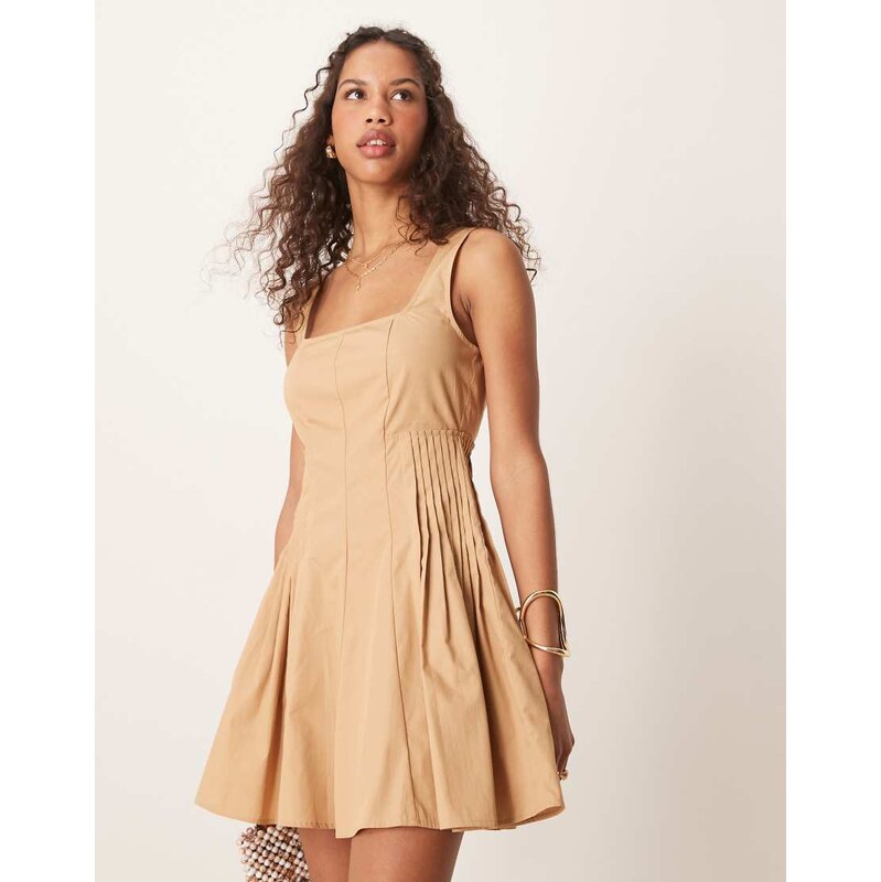 ASOS DESIGN scoop neck pleat waist mini dress in stone-Neutral