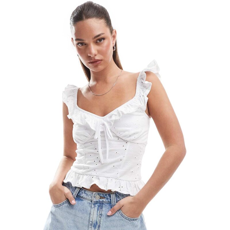 ASOS DESIGN broderie frill detail cami top with bow detail in white 105518795