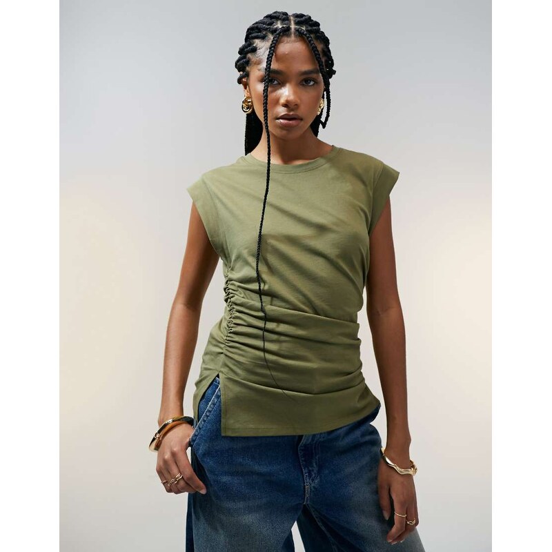 ASOS DESIGN corset waist sharp shoulder tank top in khaki-Green 115511650