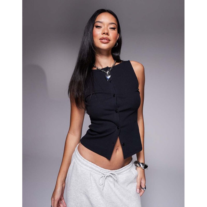 ASOS DESIGN wide neck ribbed button through tank top in black 105795585