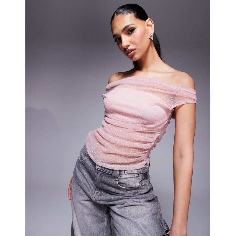 ASOS DESIGN gathered short sleeve off shoulder glitter mesh top