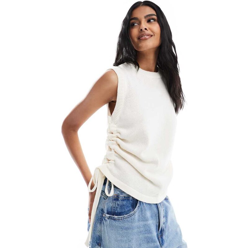 ASOS DESIGN knitted tank with ruching in ecru-White 105325330