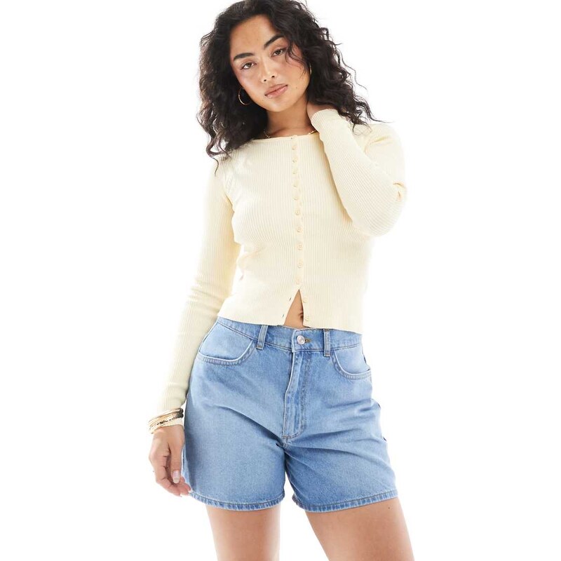 ASOS DESIGN dad short with cinched waist in mid wash blue 105325332