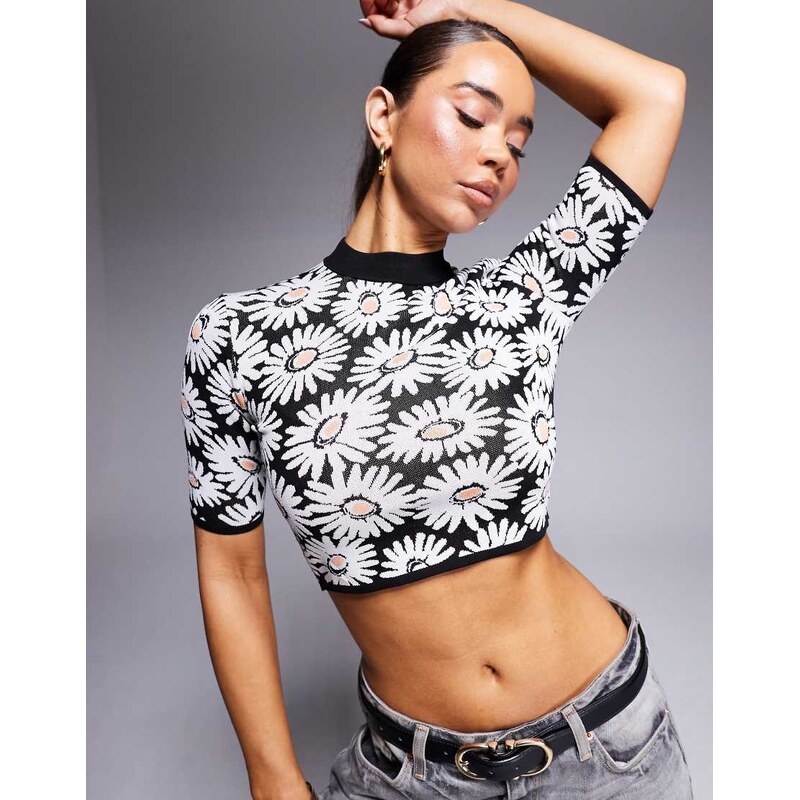 Hugo Red slim fit cropped jumper with daisy print in black 105325346