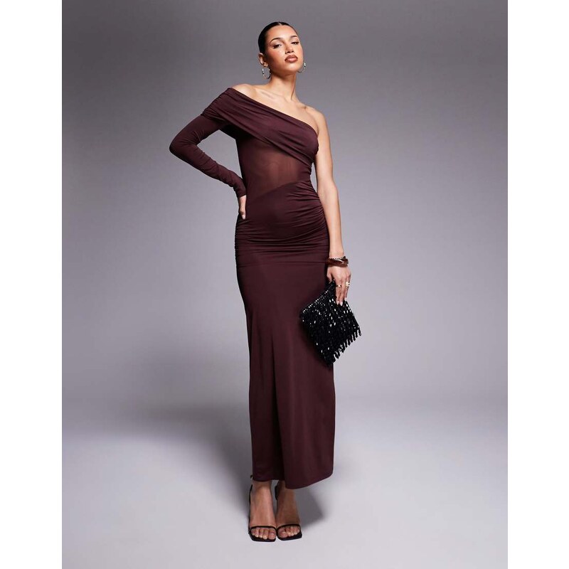 ASOS DESIGN mesh cut out one shoulder maxi dress in brown