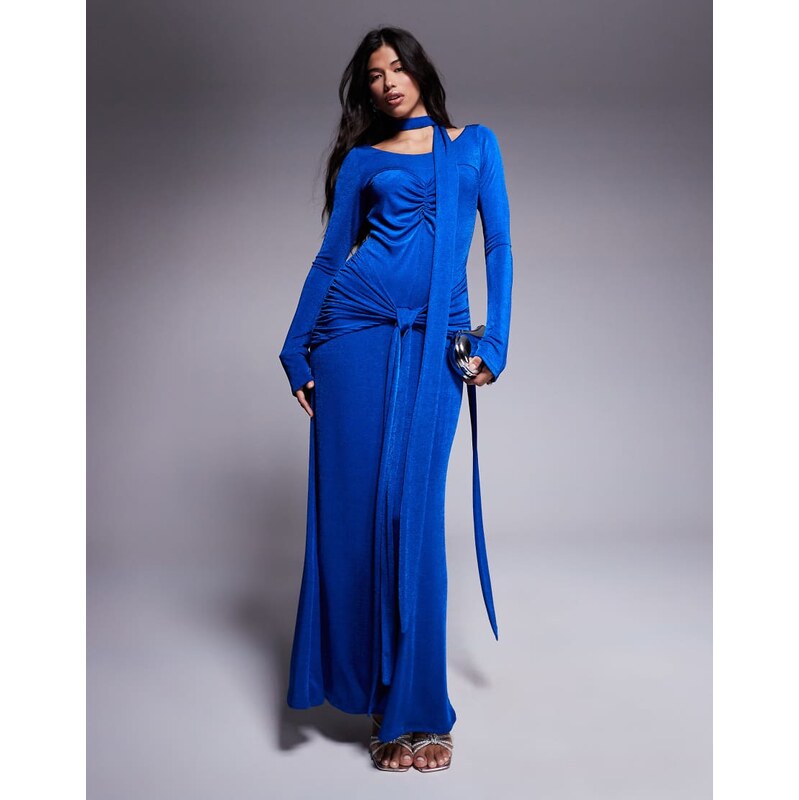 Daska ruched maxi dress with waist and neck tie detail in calbalt-Blue 112160124