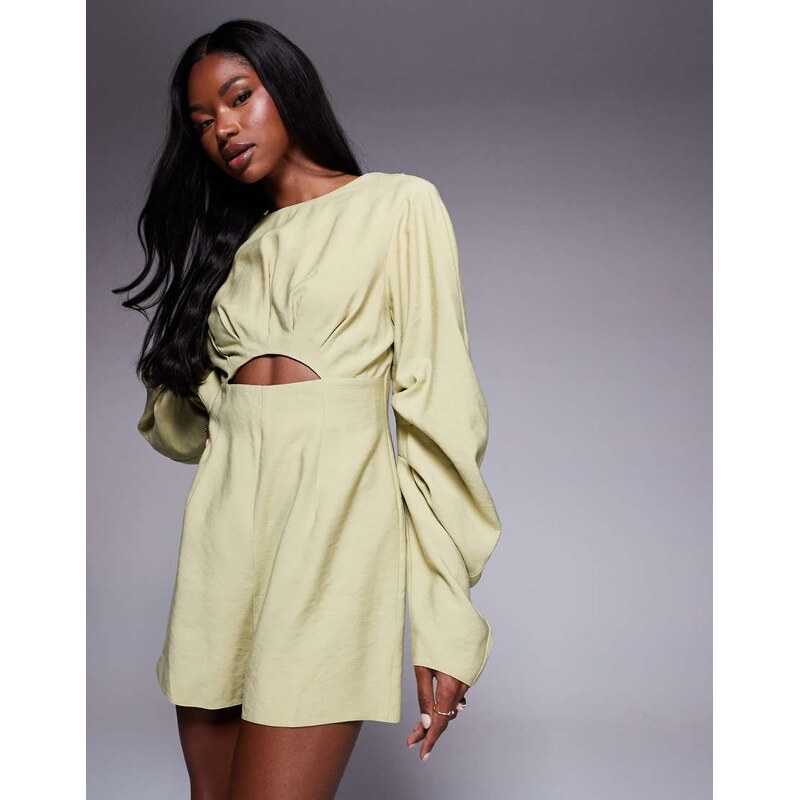 ASOS Curve ASOS DESIGN curved sleeve playsuit with pleating detail in 105336766