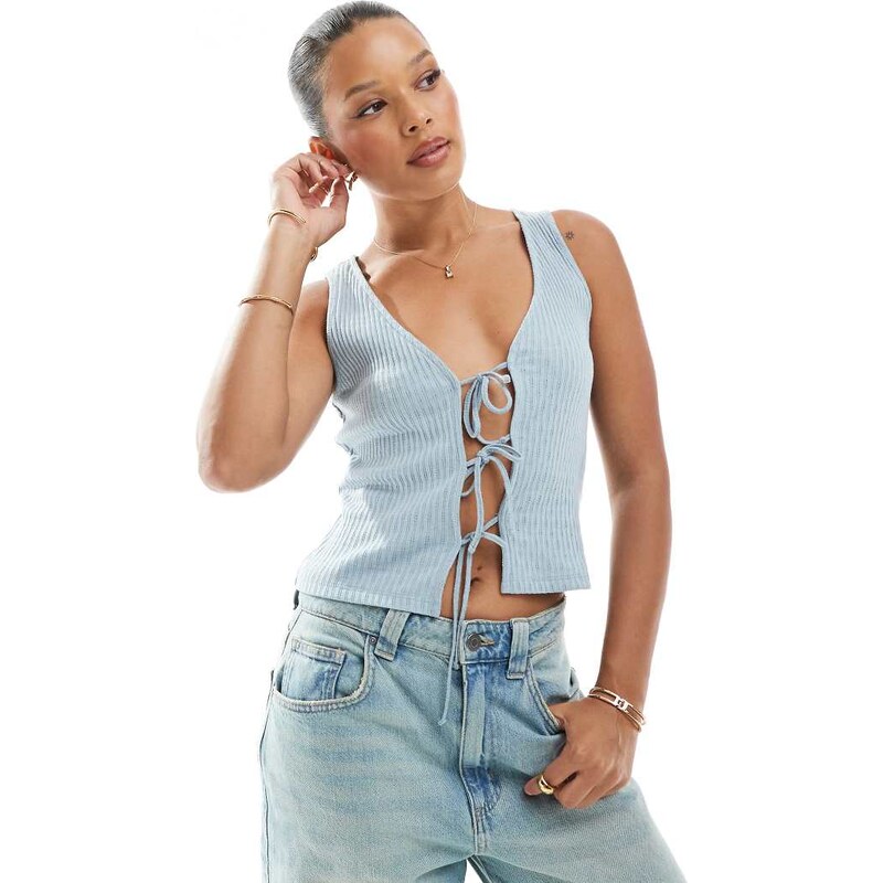 New Look tie front jersey vest in blue