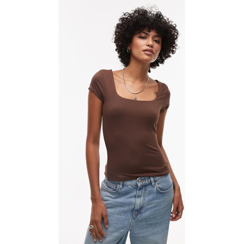 Topshop slinky cap sleeve top in chocolate brown 105336888