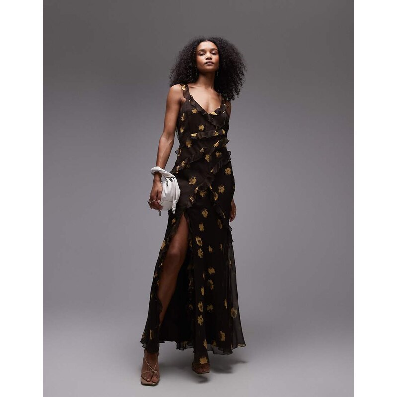 Topshop ruffle cami maxi dress in brown buttermilk floral-Black