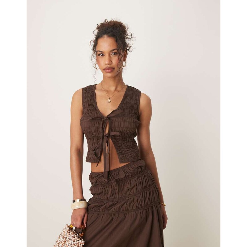 Glamorous shirred tie front top in brown co-ord 105350861