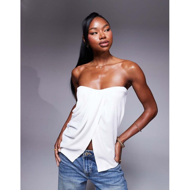 ASOS DESIGN drape detail split front bandeau top in ivory-White 105351297