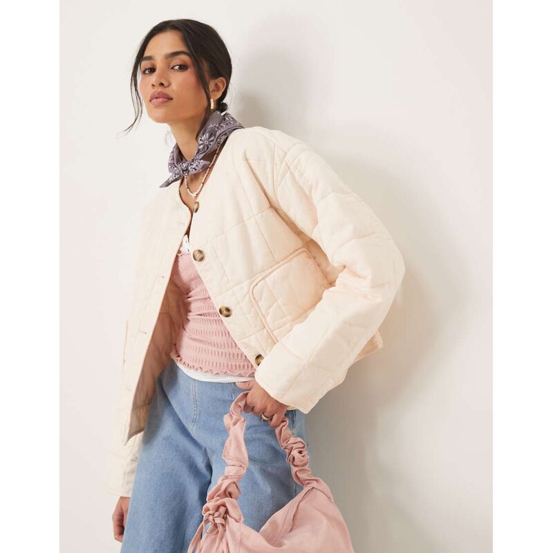 ASOS DESIGN crop collarless quilted jacket in cream-No colour
