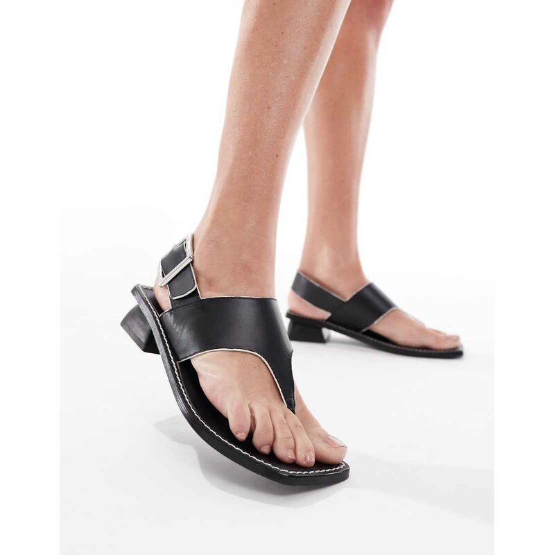 ASOS DESIGN Film leather heeled toe thong sandal in black 105584516