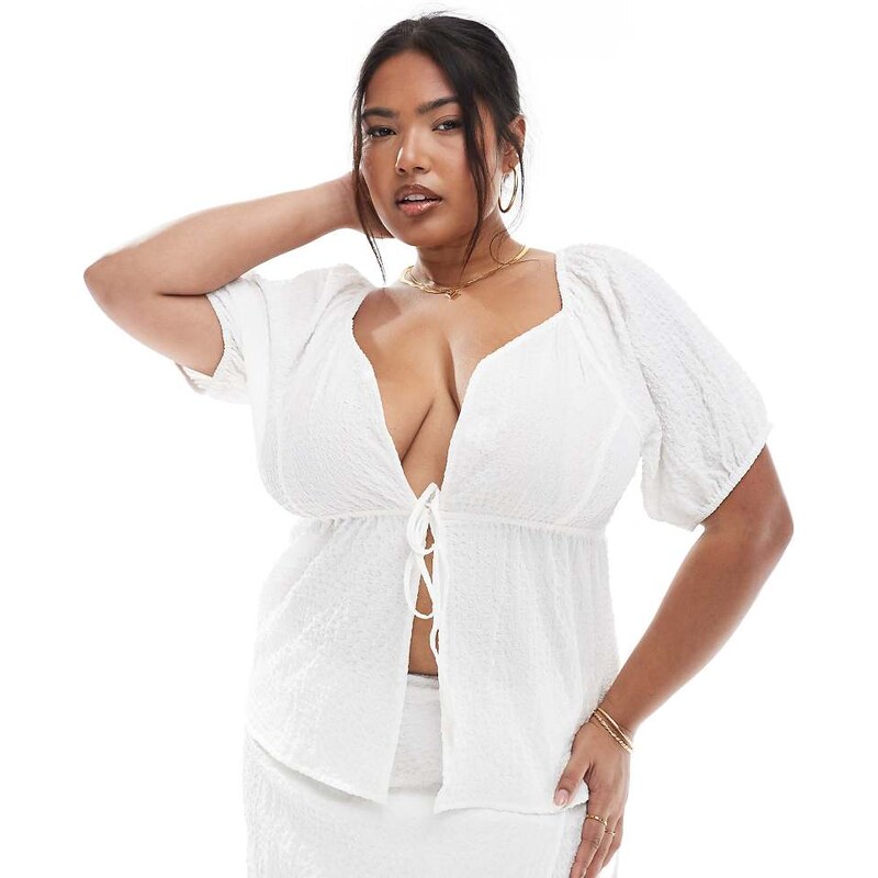 Esmee Curve Exclusive puff sleeve tie front beach top in white