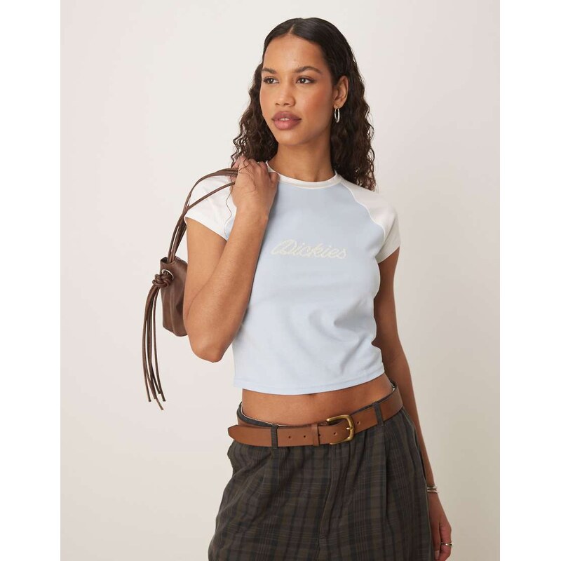 Dickies western rope logo raglan baby tee in light blue and off white 105351272