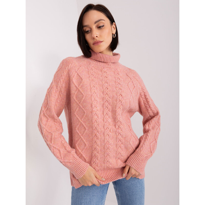 ITALY MODA Růžový copánkový svetr s rolákem --pink Růžová 87161385