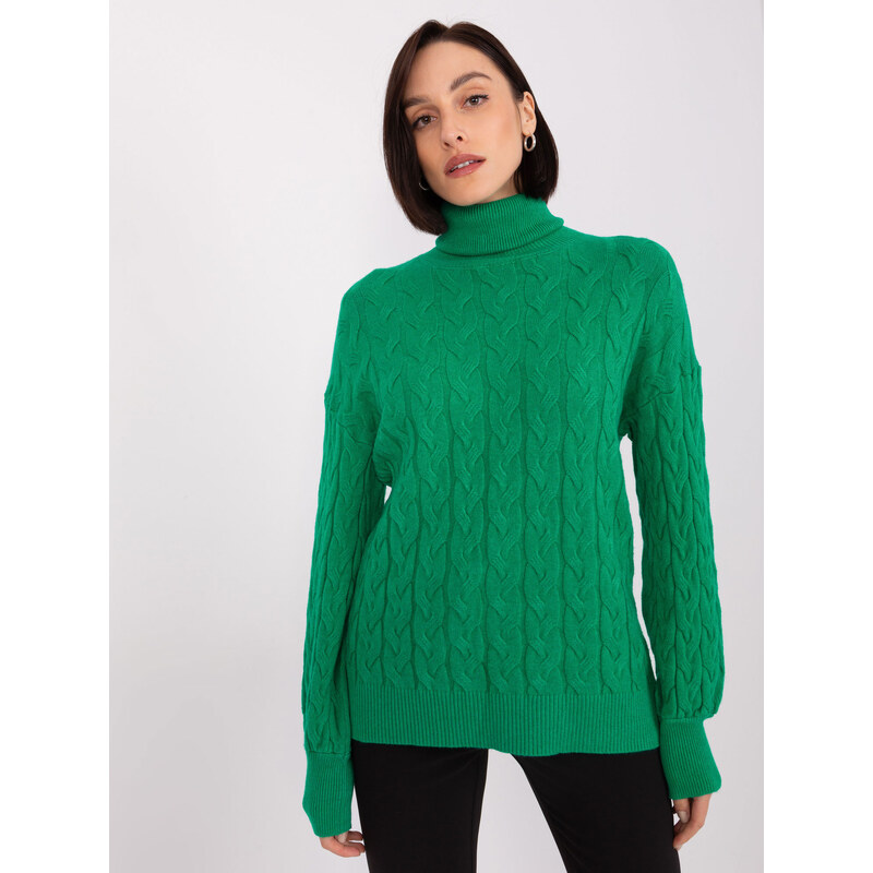 ITALY MODA Zelený copánkový svetr s rolákem -green Zelená 87161324