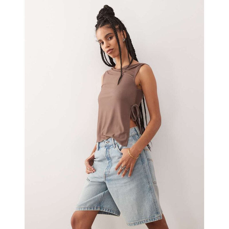Reclaimed Vintage twist detail off the shoulder jersey top with tie 105341545