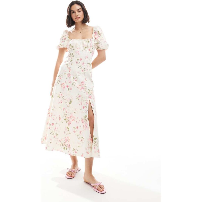 New Look puff sleeve milkmaid midi dress in cream floral-White 105341665
