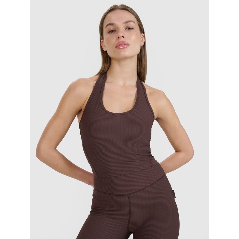 Dámský hladký crop top slim 4F x Anna Lewandowska - hnědý
