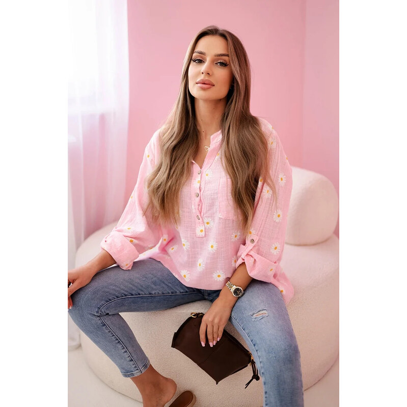 K-Fashion Lněná dámská halenka s květinovým vzorem, dlouhými