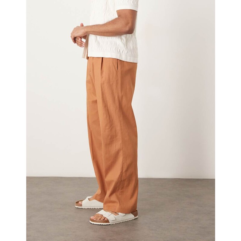 ASOS DESIGN smart wide leg linen blend trousers with double