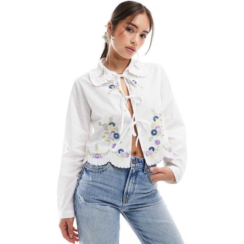 Object tie front shirt with floral embroidery in white 105350902