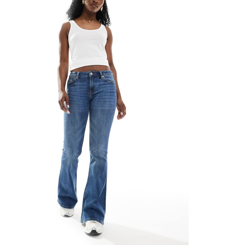 Monki Katsumi low rise flared leg jeans in blue fade wash 105350961