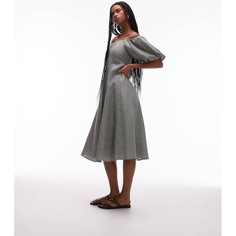 Mango linen puff sleeve midi dress in sage green 105350997