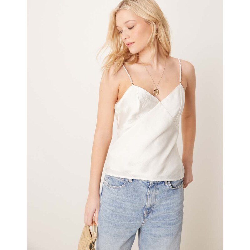 Abercrombie & Fitch bare back pearl shell cami top in white 105357381