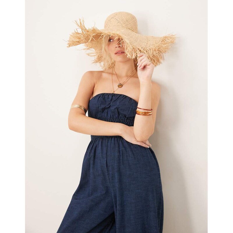 ASOS DESIGN soft denim strapless wide leg jumpsuit with shirring waist 105357325