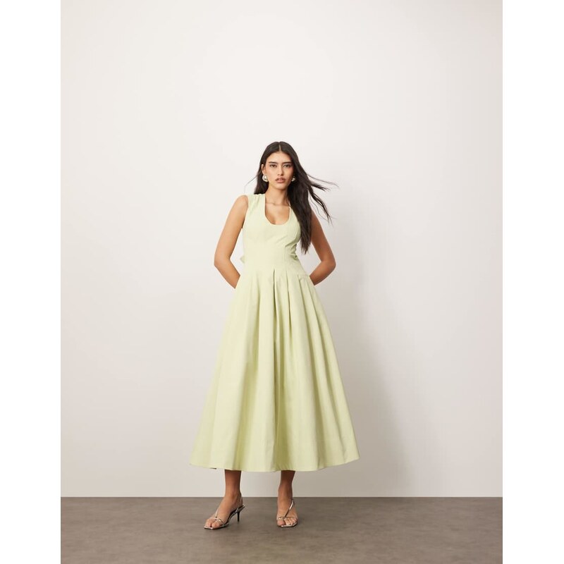 ARRANGE structured plunge midi dress with eyelet detail in pistachio 113260129