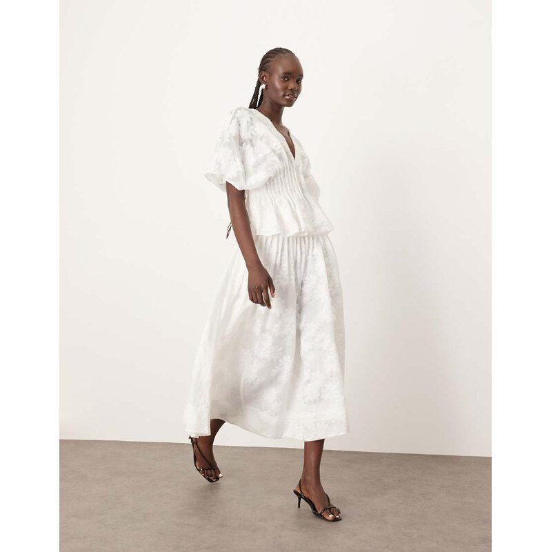 ARRANGE daisy organza pintuck dropped waist midi skirt co-ord in white 106880569
