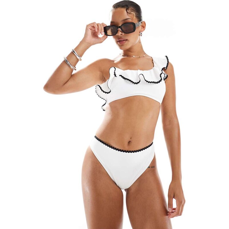 New Look one shoulder blanket stitch bikini bottoms in white 105362219