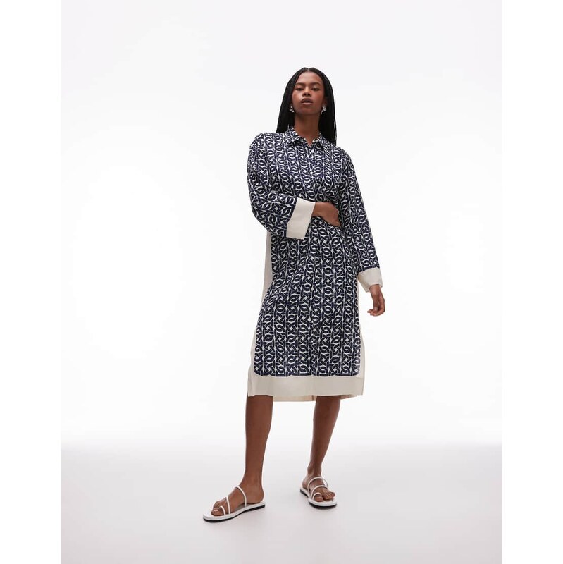 ARKET long sleeve midi shirt dress in blue and white print-Multi