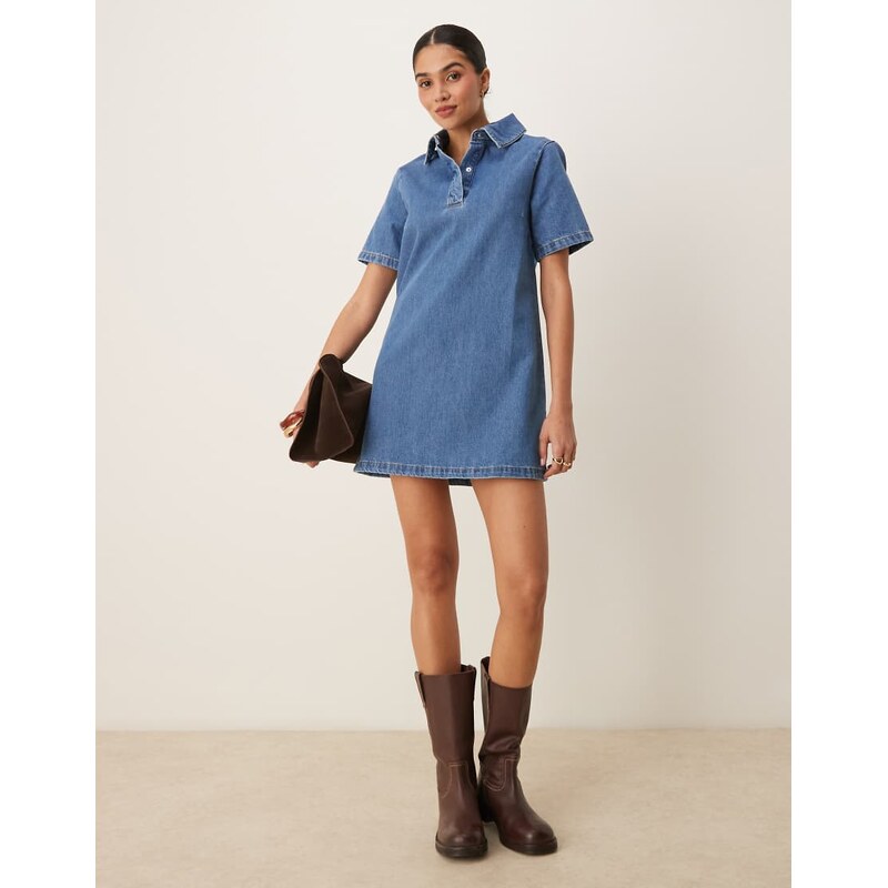 ASOS DESIGN denim polo mini dress in midwash blue