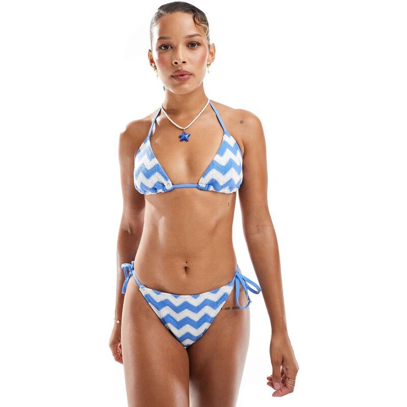 New Look wave crochet tie side bikini bottom in blue 105362267