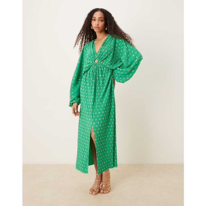 YAS foil spot plisse blouson sleeve maxi dress in green 105362093