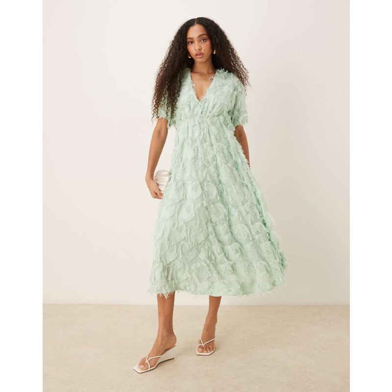 YAS textured v neck midi dress in mist green 105362103