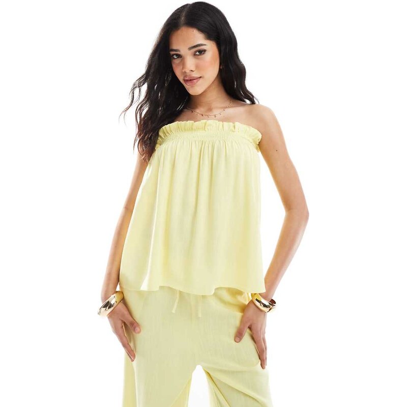 ASOS DESIGN linen look ruffle bandeau co-ord top in buttermilk