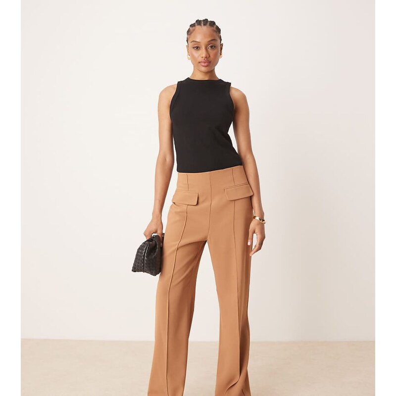 ASOS DESIGN Tall tailored double pocket seam detail trousers in camel-Brown