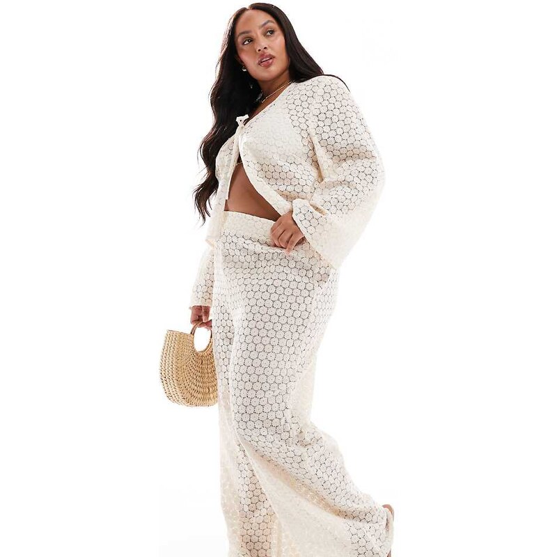 Esmee Curve Exclusive crochet beach trouser co-ord in cream-White 105568797