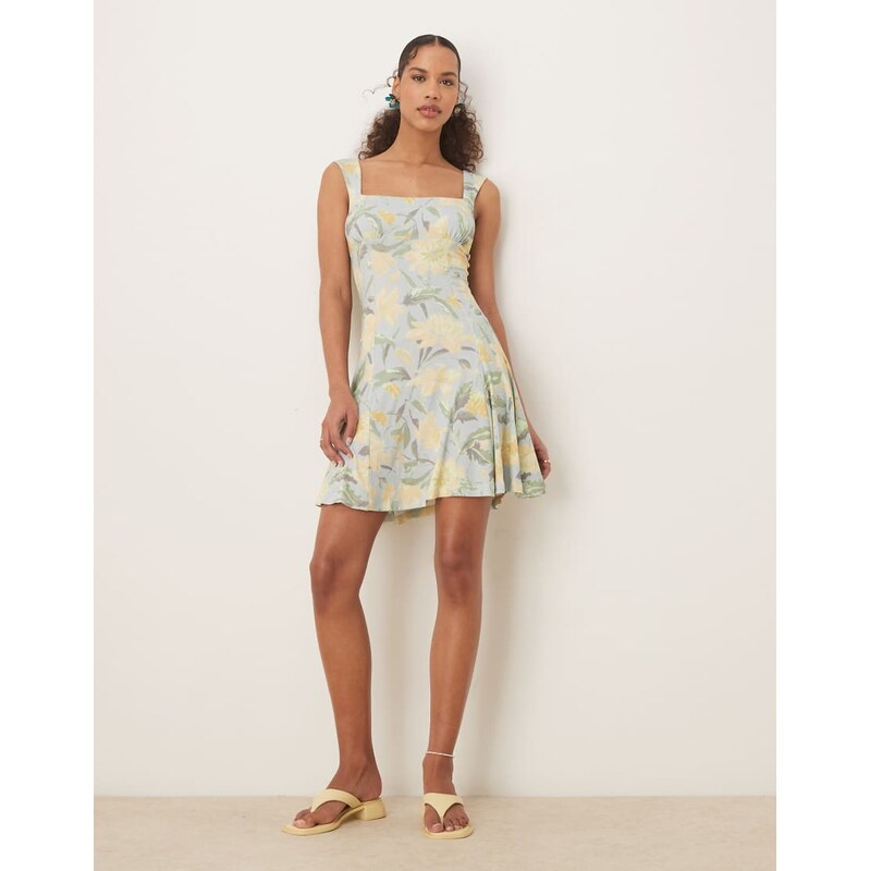 ASOS DESIGN square neck godet mini dress in pale blue floral