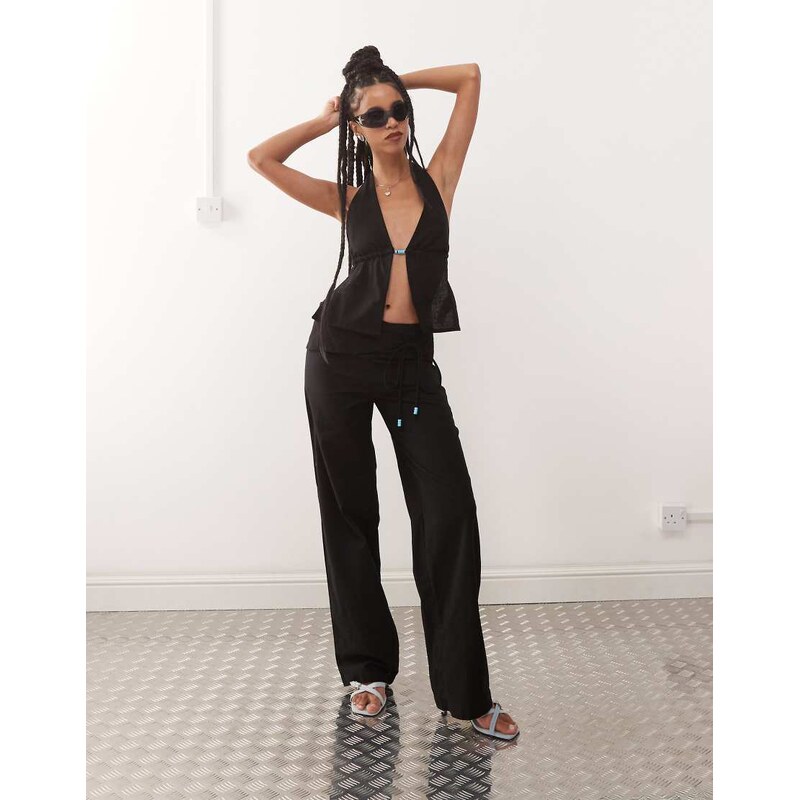 Motel cursa sarong overlay bead detail linen trousers in black 105877363