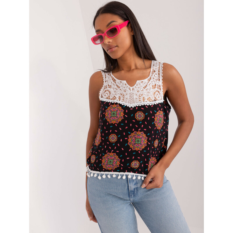 BASIC Černý top se vzory a krajkou AT-TP-22501B.01X-black-pink