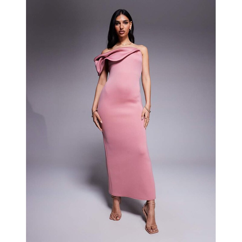 ASOS DESIGN bardot midi dress with twisted strap in dusty rose