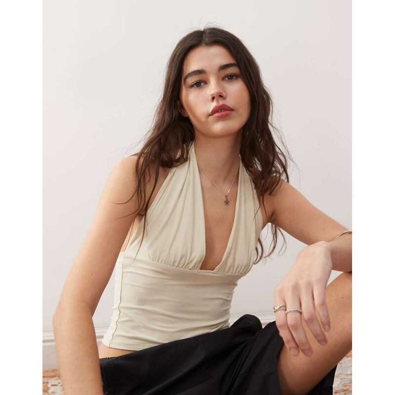 COLLUSION cupro longline slinky halter top in cream-White
