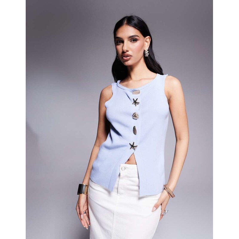 ASOS DESIGN compact knitted top with gold buttons in blue 105364312
